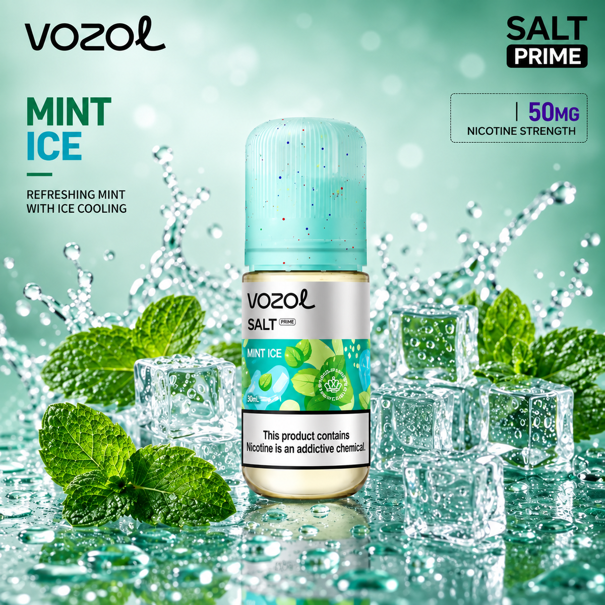 Vozol salt prime 50mg Mint Ice 30ml vape juice.