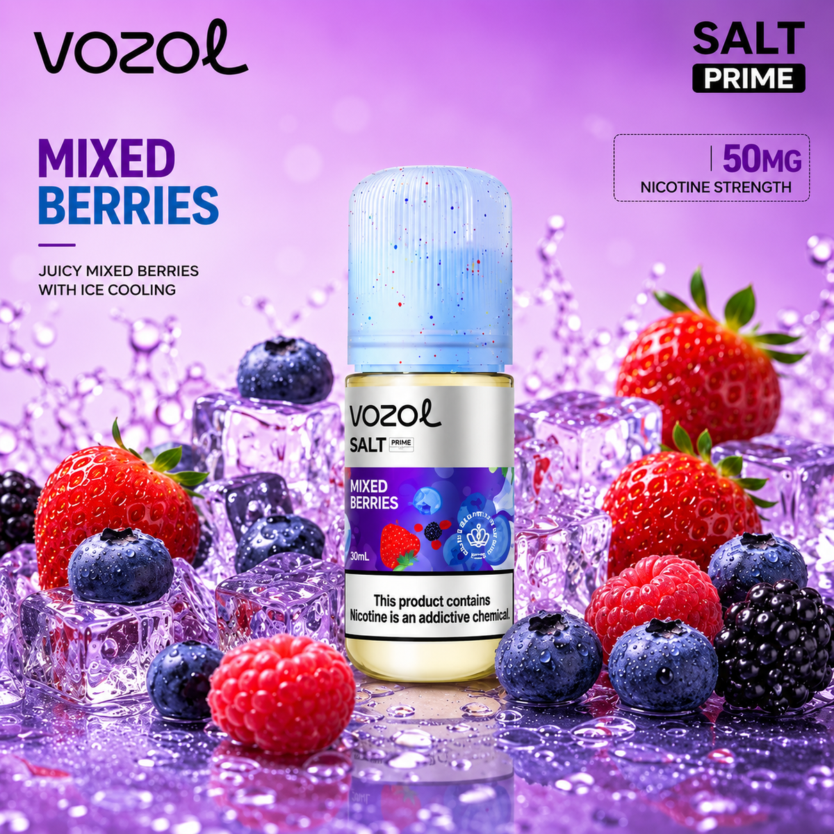 Vozol salt prime 50mg Mixed Berries 30ml vape juice.