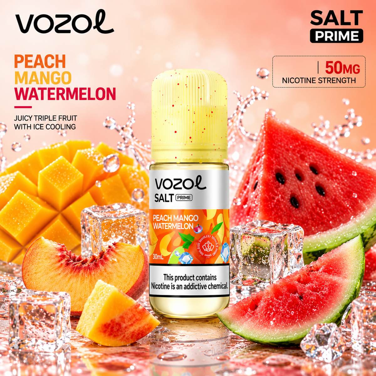 Vozol salt prime 50mg Peach Mango Watermelon 30ml vape juice.