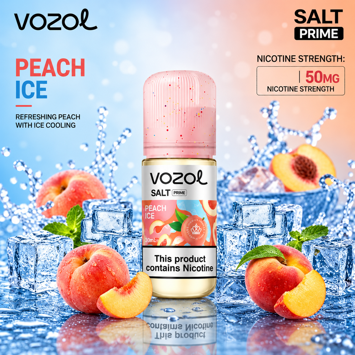 Vozol salt prime 50‍mg Peach Ice 30ml vape juice.