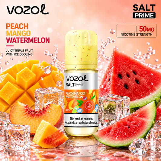 Vozol salt prime 50‍mg Peach Mango Watermelon 30ml vape juice.